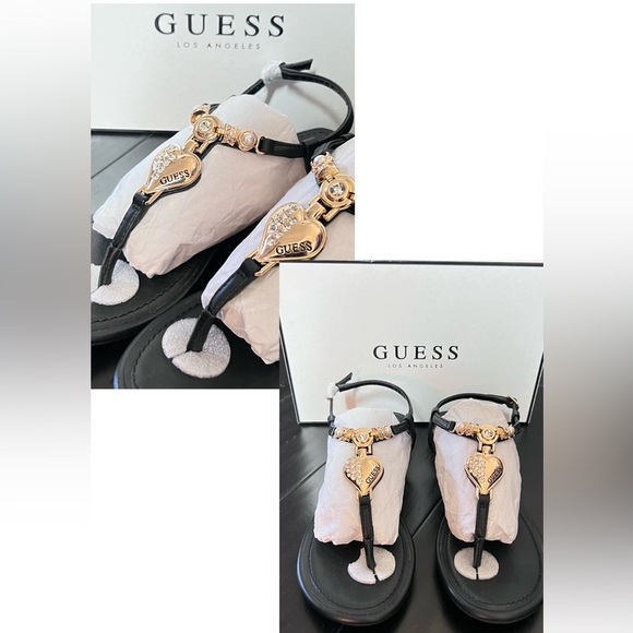 Guess Women’s T-Strap Sandal with gold hardware accents. - Picture 2 of 3